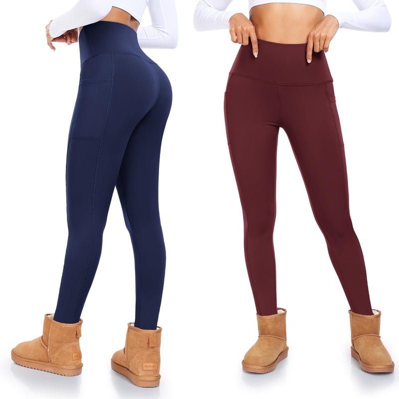 FULLSOFT 4 Pack Fleece Lined Leggings with Pockets for Women High Waisted Thermal Winter Warm Yoga Pants for Workout Running Plus Size(Black, Dark Grey, Navy Blue, Wine Red(4 Pack),Large-X-Large) - Image 2