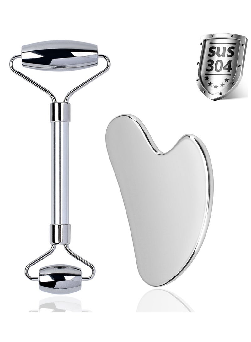 Loucky Gua Sha and Face Roller Set, Metal Guasha Tool and Ice Roller for Face, Eyes and Neck, Remove Puffiness, Lift Skin, Remove Fine Lines - Image 1