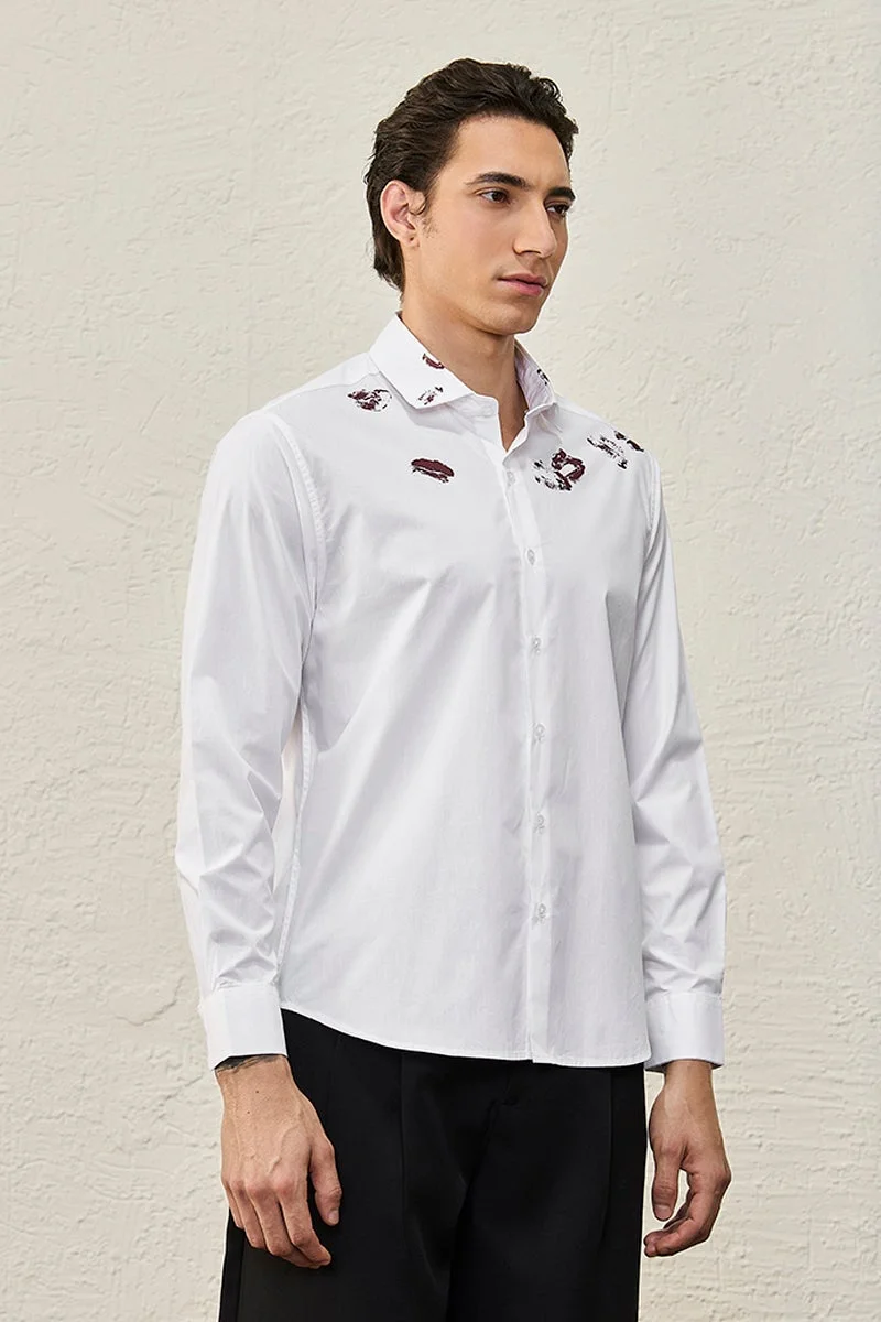 SNITCH White Printed Long Sleeve Regular Fit Luxe Shirt
