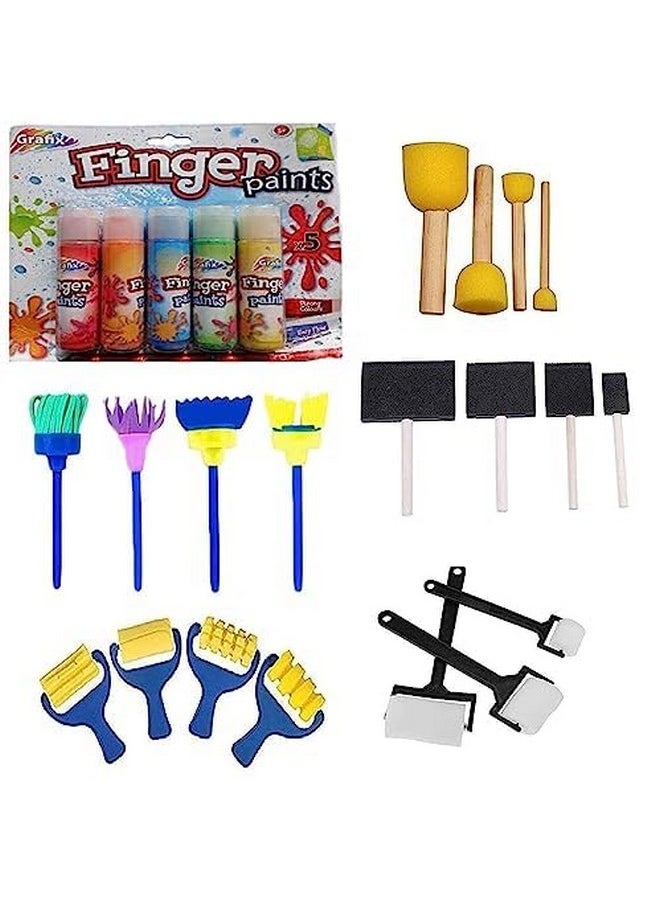 ArtBee ArtBee 5 Color Kids Finger Paint Washable Non-Toxic Finger-Paint Art with Sponge Brushes (5 Sponge Brushes with Paint)  - Image 1