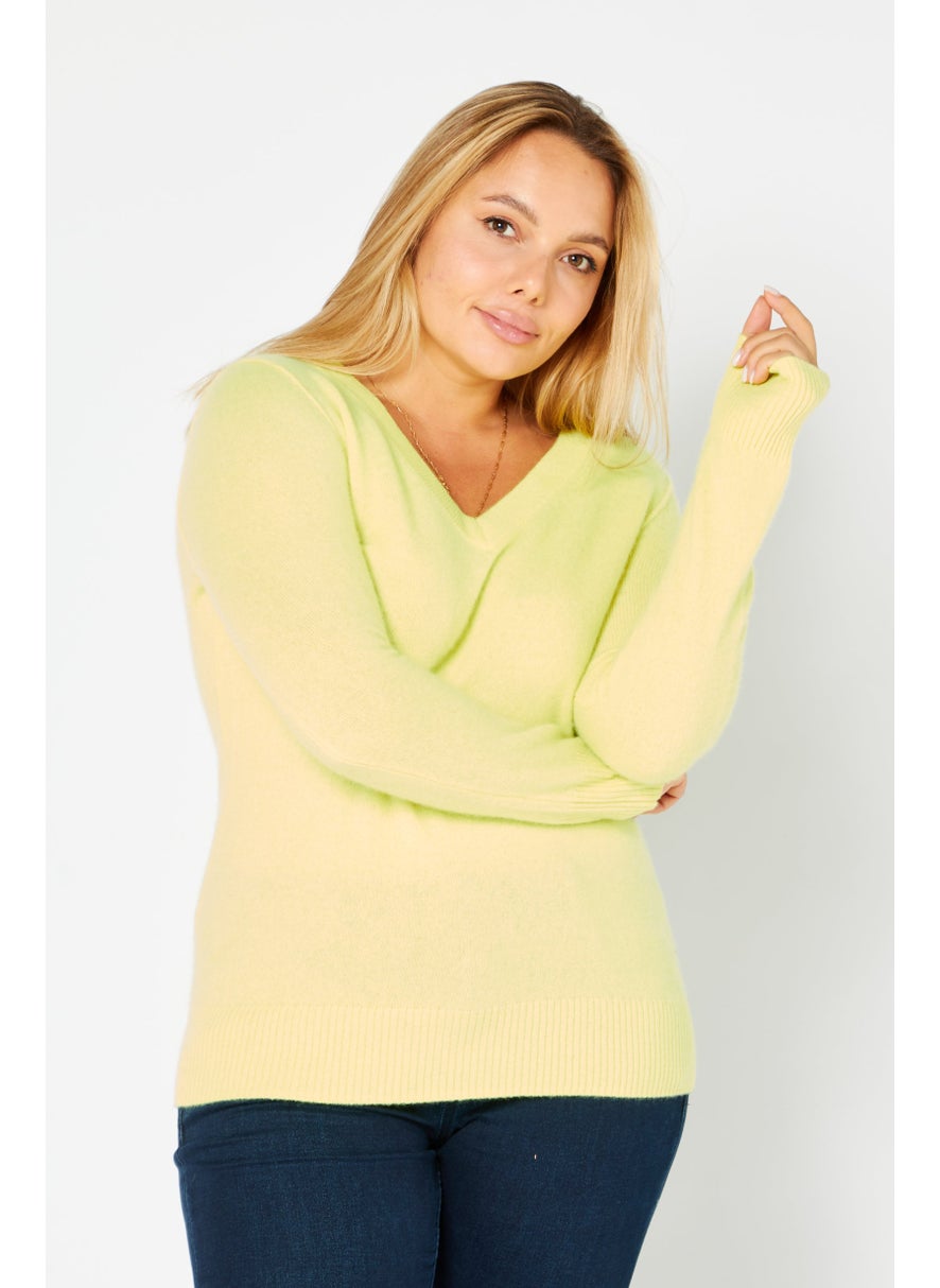 Aqua Women V-Neck Textured Long Sleeve Sweater, Lemon  - Image 1
