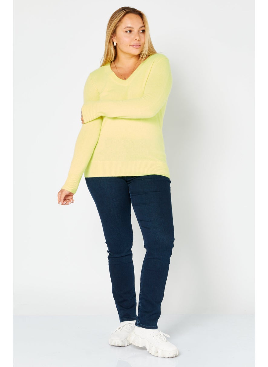 Aqua Women V-Neck Textured Long Sleeve Sweater, Lemon  - Image 2