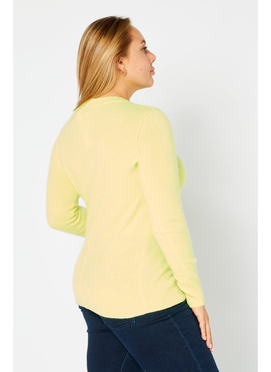 Aqua Women V-Neck Textured Long Sleeve Sweater, Lemon  - Image 3