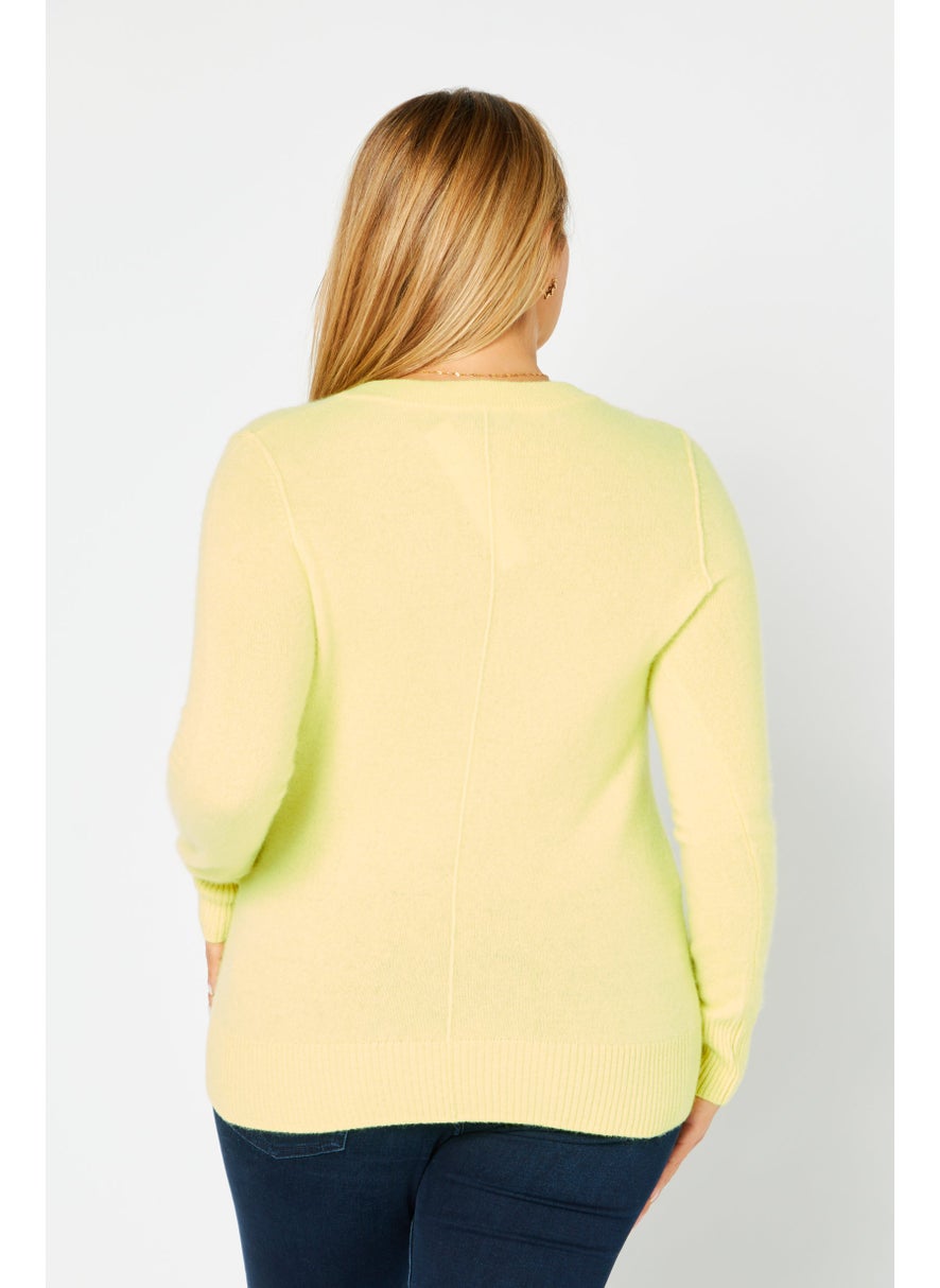 Aqua Women V-Neck Textured Long Sleeve Sweater, Lemon  - Image 4