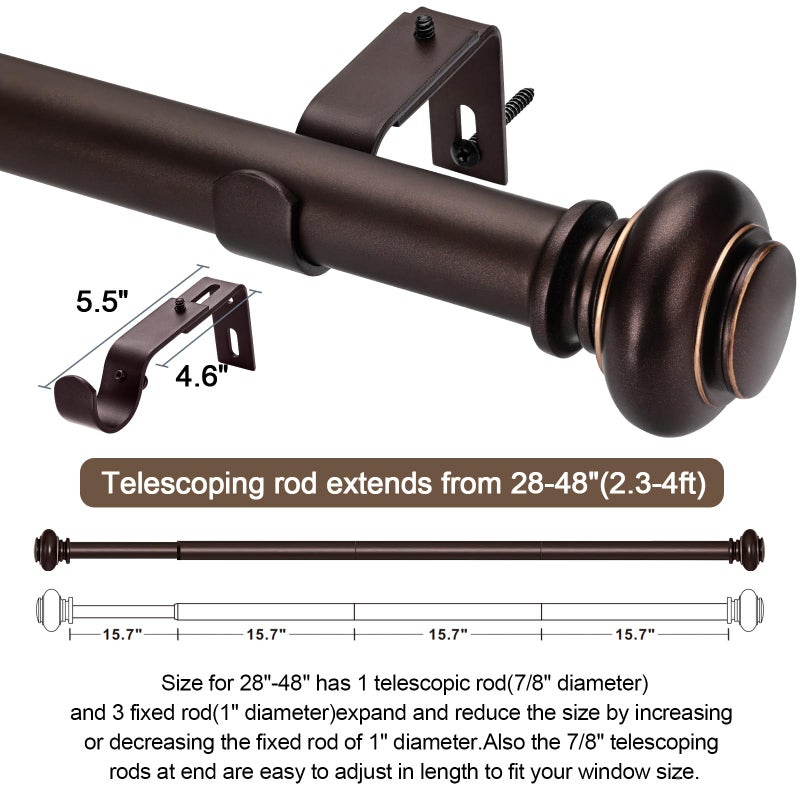 SIMEWIN Bronze Curtain Rods for Windows 28 to 48 Inches Adjustable Decorative 1 Inch Diameter Single Window Curtain Rod Set with Classic Finials, Bronze with Gold Finishing - Image 5