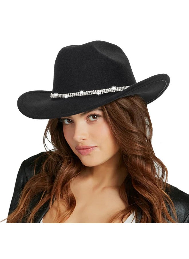 Eohak - Womens Cowgirl Studded Pinched Western Cowboy Hats Wide Brim Gaucho Hat Fedoras Hat With Belt Buckle(Ml) (Us Alpha Medium Black3 Diamonds) - Image 1