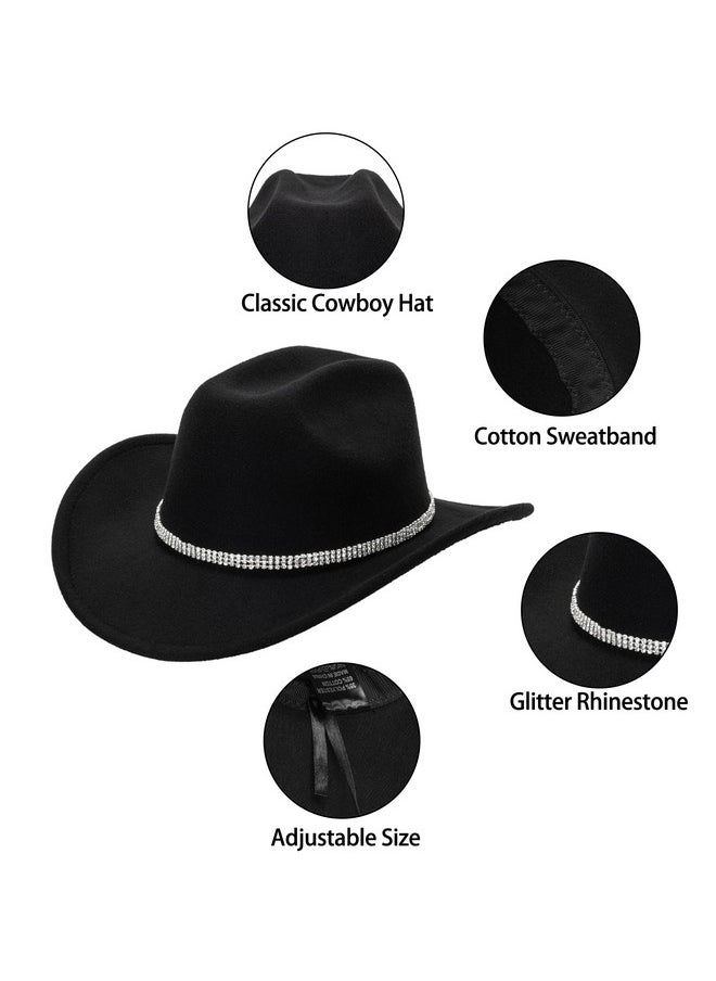 Eohak - Womens Cowgirl Studded Pinched Western Cowboy Hats Wide Brim Gaucho Hat Fedoras Hat With Belt Buckle(Ml) (Us Alpha Medium Black3 Diamonds) - Image 1