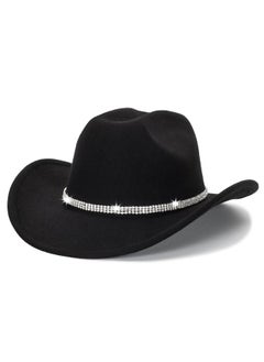 Womens Cowgirl Studded Pinched Western Cowboy Hats Wide Brim Gaucho Hat Fedoras Hat With Belt Buckle(Ml) (Us Alpha Medium Black3 Diamonds)