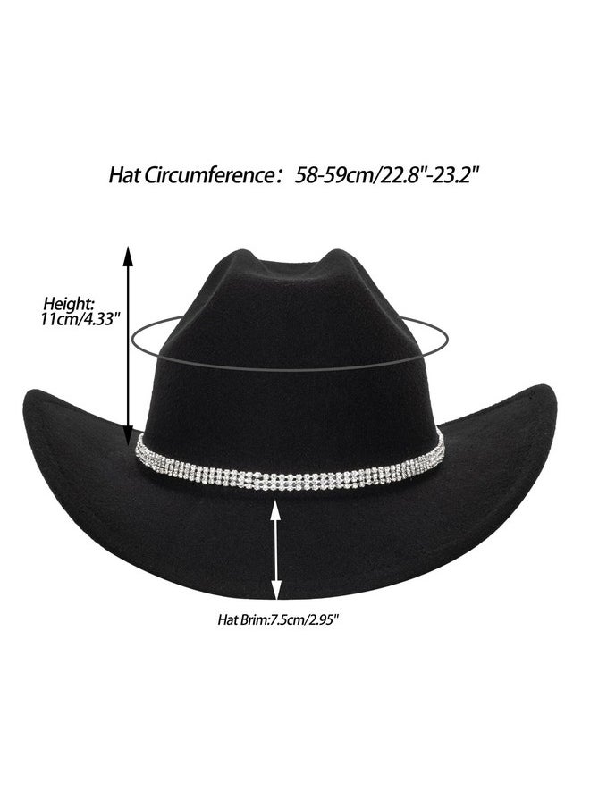 Eohak - Womens Cowgirl Studded Pinched Western Cowboy Hats Wide Brim Gaucho Hat Fedoras Hat With Belt Buckle(Ml) (Us Alpha Medium Black3 Diamonds) - Image 1