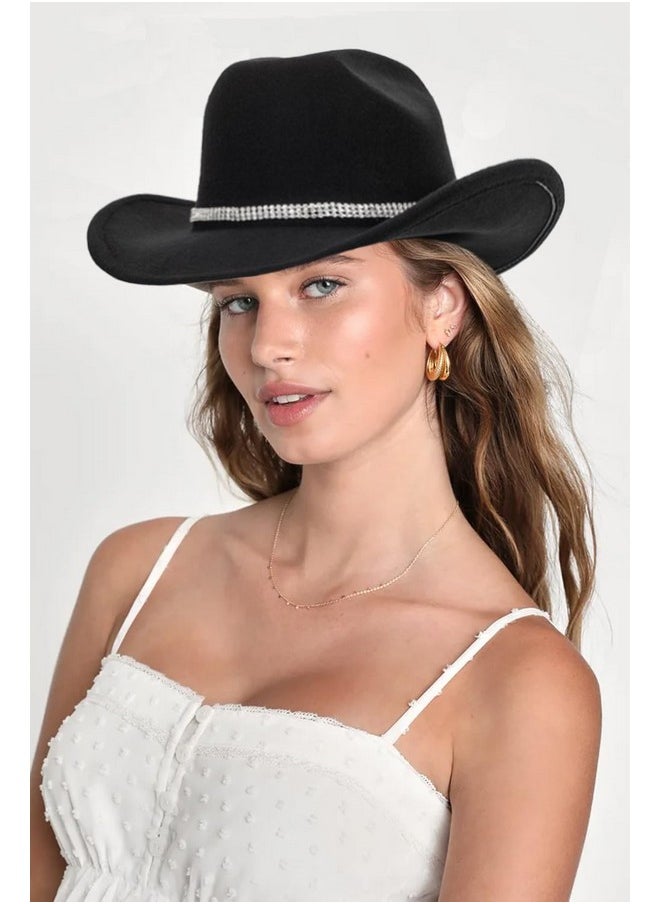 Eohak - Womens Cowgirl Studded Pinched Western Cowboy Hats Wide Brim Gaucho Hat Fedoras Hat With Belt Buckle(Ml) (Us Alpha Medium Black3 Diamonds) - Image 1