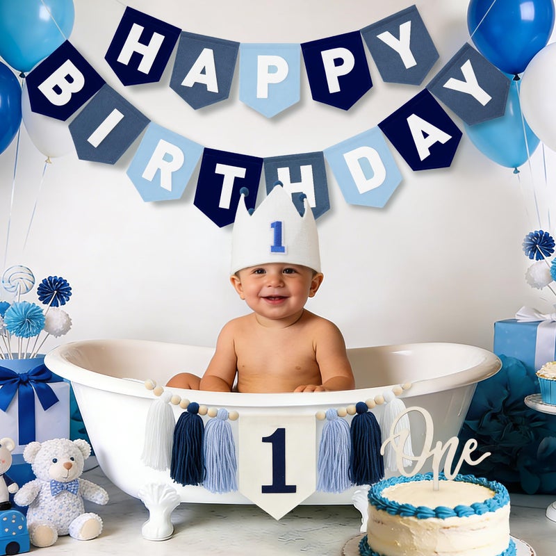 DCJHFJ Felt Navy Blue Happy Birthday High Chair Banner Pre-Strung Birthday Hanging Decoration For Baby Boy 1st Birthday Party Decorations - Image 5