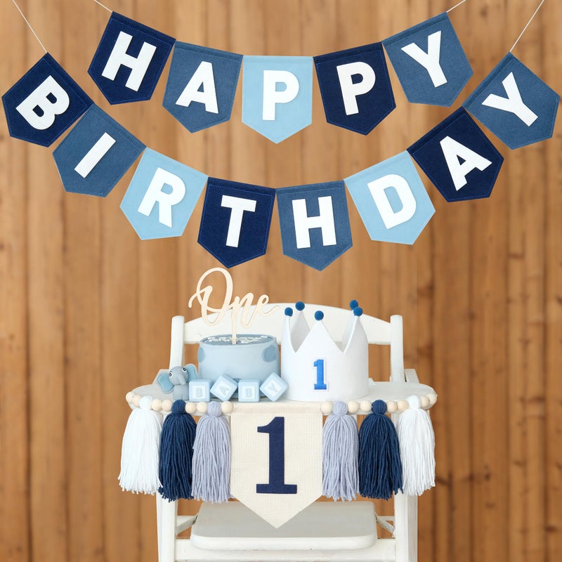 DCJHFJ Felt Navy Blue Happy Birthday High Chair Banner Pre-Strung Birthday Hanging Decoration For Baby Boy 1st Birthday Party Decorations - Image 1