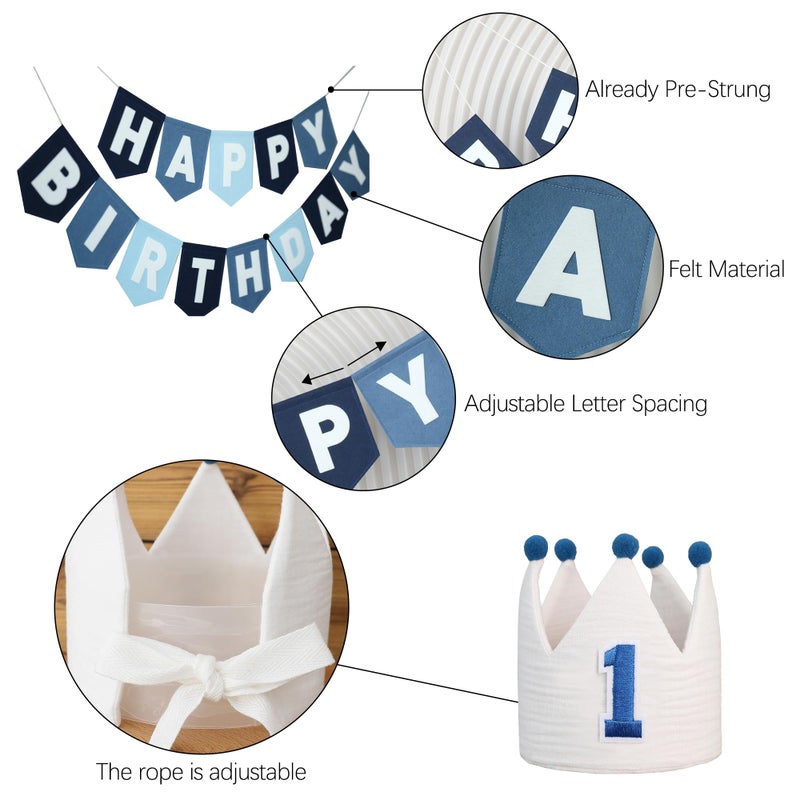 DCJHFJ Felt Navy Blue Happy Birthday High Chair Banner Pre-Strung Birthday Hanging Decoration For Baby Boy 1st Birthday Party Decorations - Image 4