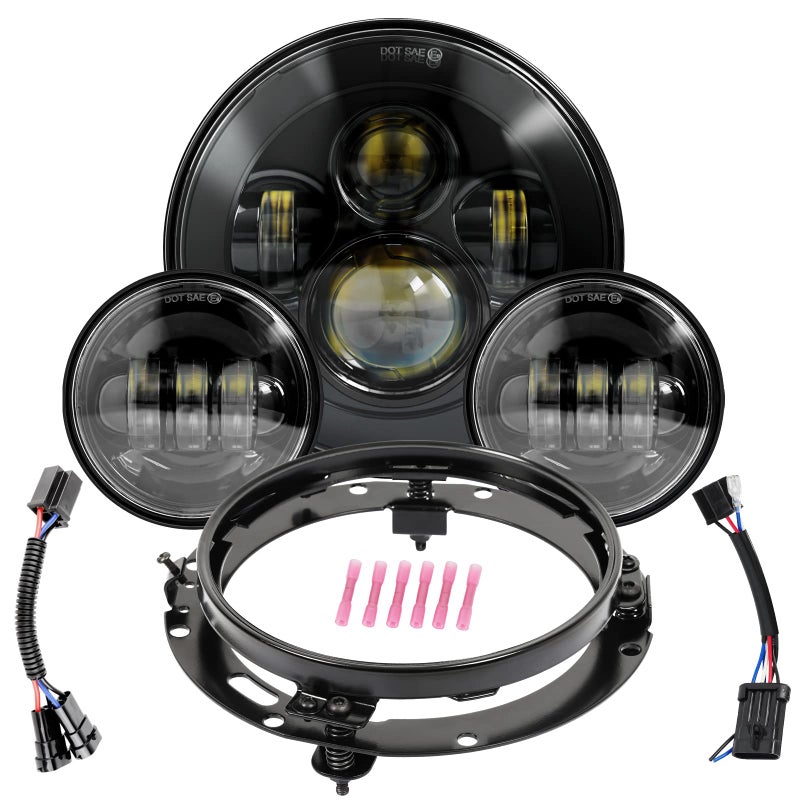 Wisamic Motorcycle LED Headlight 7inch 45 inch Passing Lamps Fog Lights and Mounting Ring Compatible with Harley Davidson Road King Ultra Classic Electra Street Glide Softail Deluxe Fatboy Black