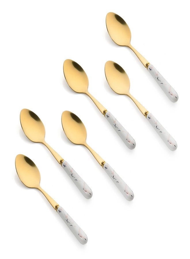 MGeezz Golden Stainless Steel Ceramic Spoons Set for Home Kitchen & Restaurant Cutlery Dinner Table Bouillon Spoon Oval Edge with Ceramic Handle Tableware Serving Spoons (Small Spoon Set of 6-15cm) - Image 1