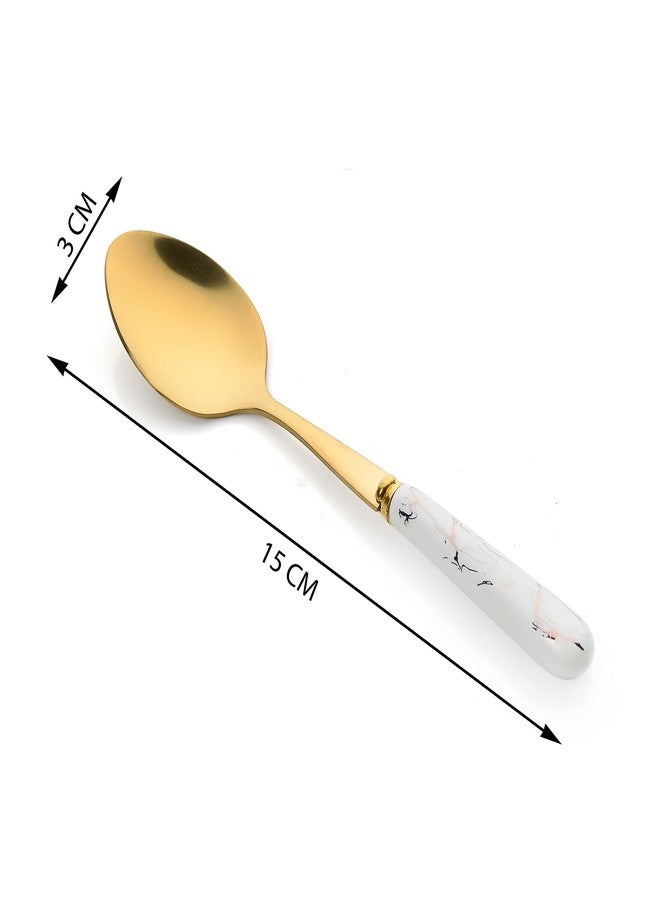 MGeezz Golden Stainless Steel Ceramic Spoons Set for Home Kitchen & Restaurant Cutlery Dinner Table Bouillon Spoon Oval Edge with Ceramic Handle Tableware Serving Spoons (Small Spoon Set of 6-15cm) - Image 3
