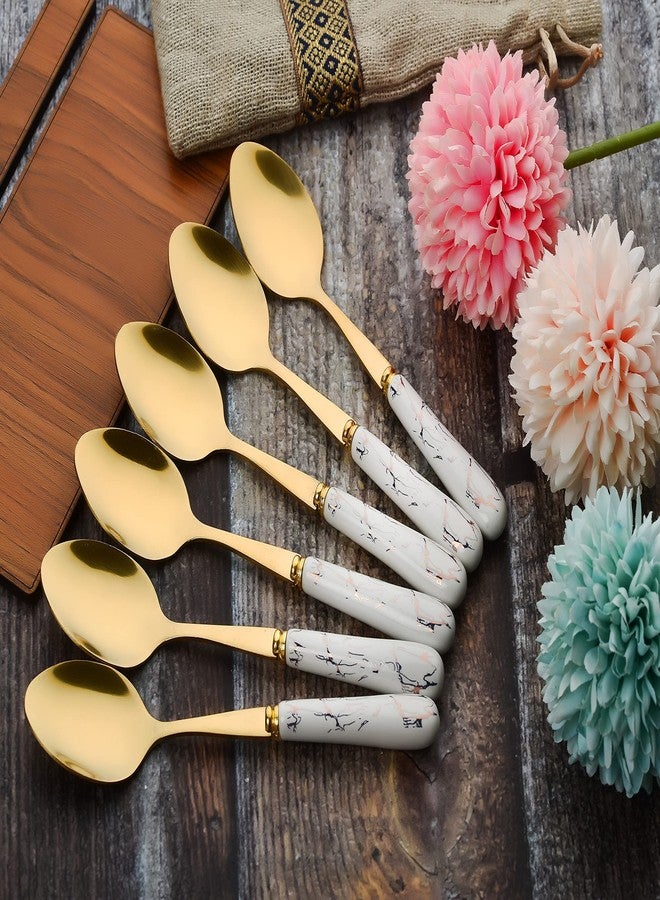 MGeezz Golden Stainless Steel Ceramic Spoons Set for Home Kitchen & Restaurant Cutlery Dinner Table Bouillon Spoon Oval Edge with Ceramic Handle Tableware Serving Spoons (Small Spoon Set of 6-15cm) - Image 2