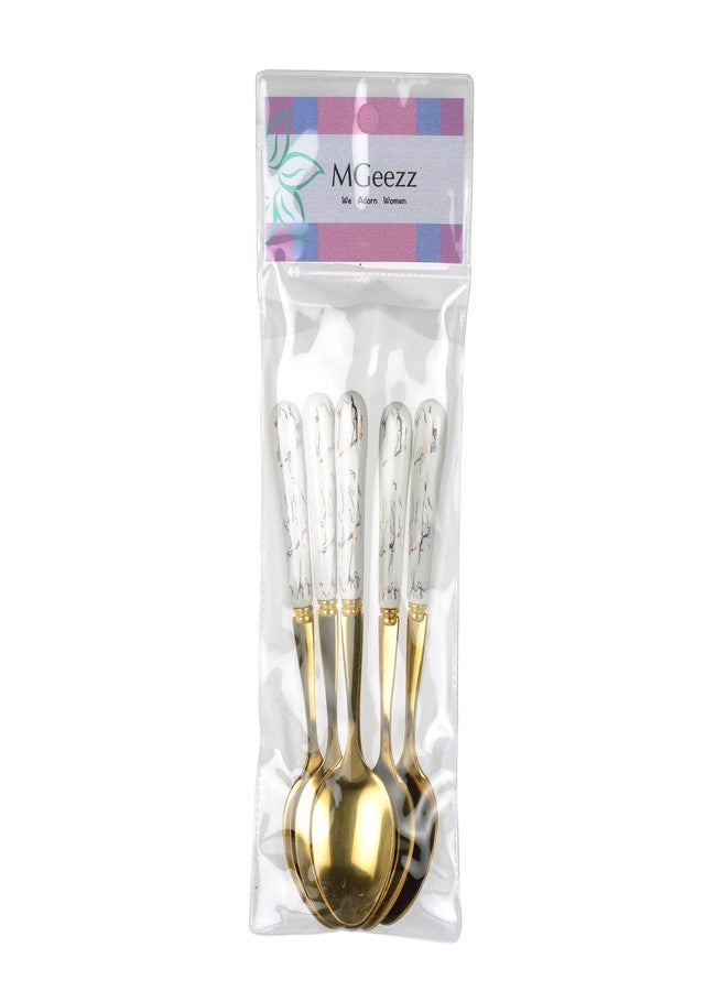 MGeezz Golden Stainless Steel Ceramic Spoons Set for Home Kitchen & Restaurant Cutlery Dinner Table Bouillon Spoon Oval Edge with Ceramic Handle Tableware Serving Spoons (Small Spoon Set of 6-15cm) - Image 4