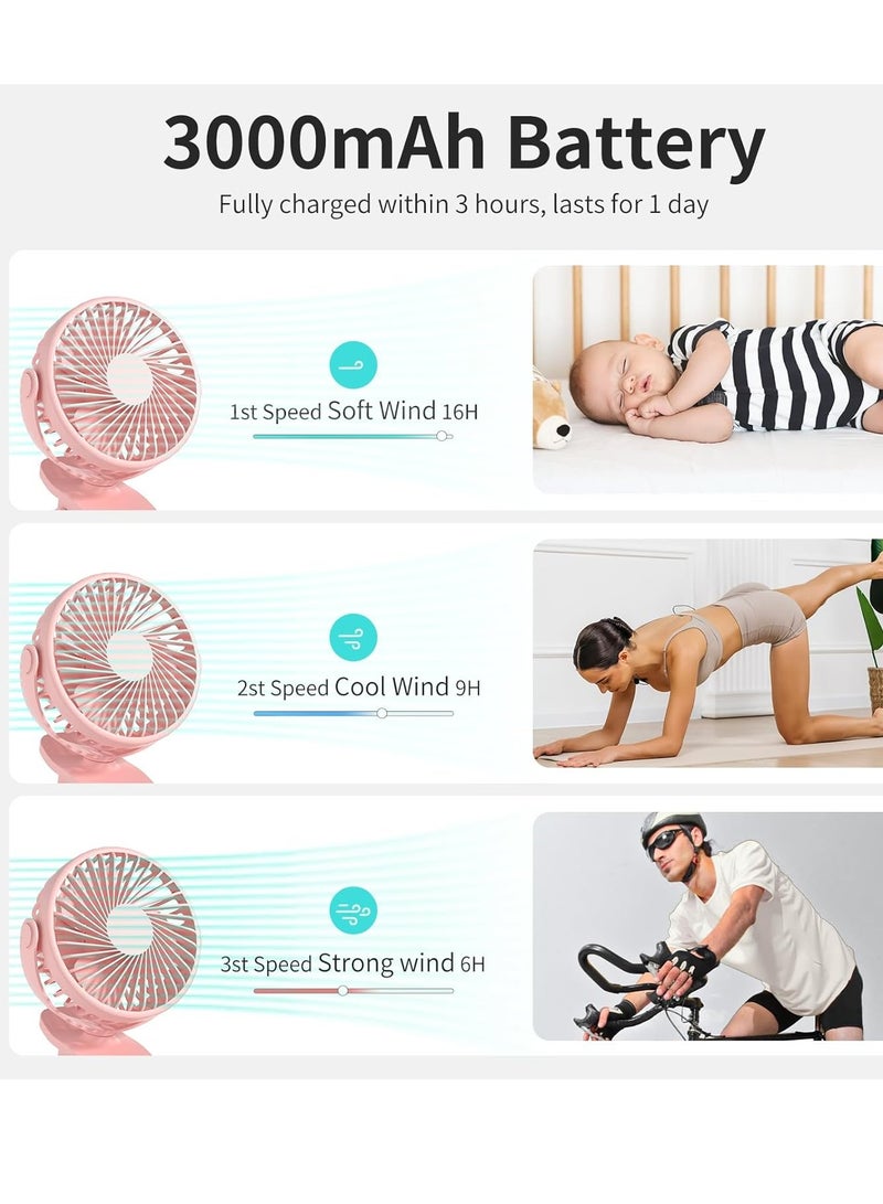 general Portable Clip on Fan, 360° Rotate Battery Operated Stroller Fan, 3 Speed Quiet Mini Personal Desk Fan, USB Rechargeable Clooing Fan Pink - Image 2