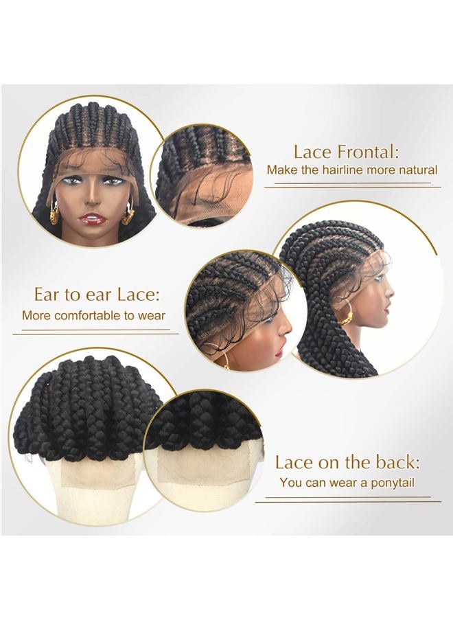 Alebery 36" باروكة ضفائر كاملة من الدانتيل للنساء السوداء ضفائر صندوقية ضخمة باروكة أمامية من الدانتيل مع شعر طفل خفيف الوزن مصنوعة من الألياف الاصطناعية باروكة ضفائر كورنرو معقودة (أسود) - Image 5