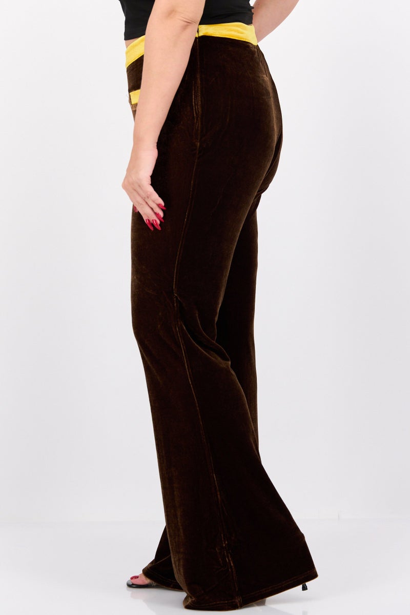 Labelrail x Franceska Perks Women Regular Fit Plain Velvet Wide Leg Pants, Brown - Image 2