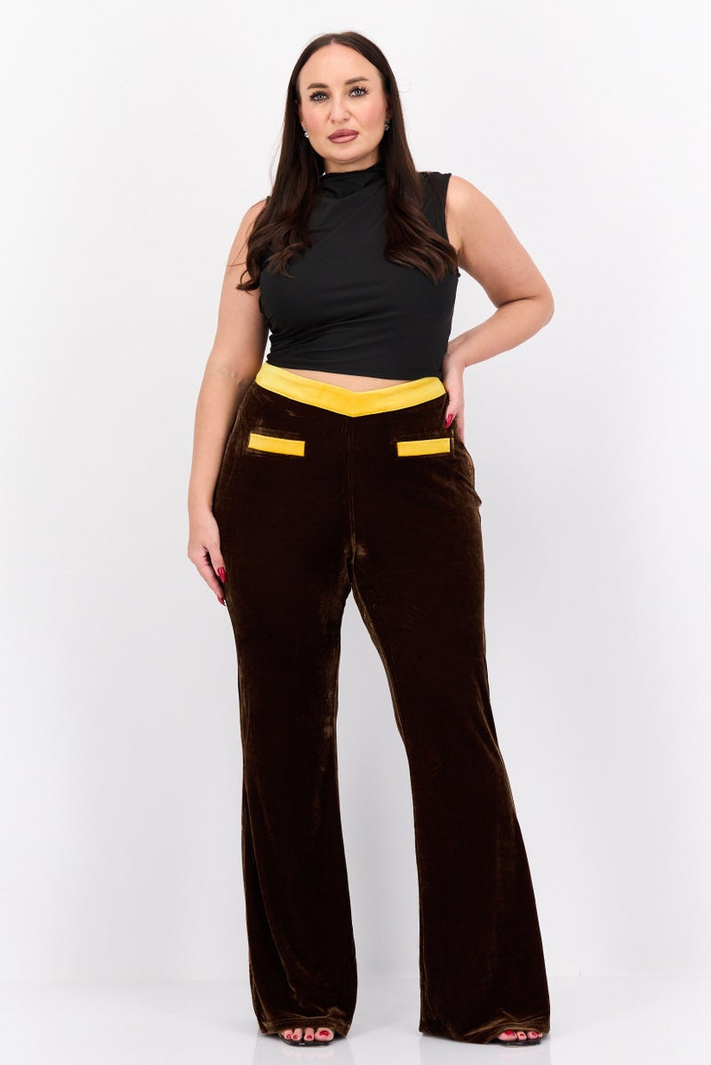 Labelrail x Franceska Perks Women Regular Fit Plain Velvet Wide Leg Pants, Brown - Image 4