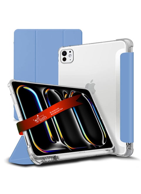 Premium Smart Flip Awake/Auto Sleep Leather Texture Transparent Silicone With Pen Holder Lens Shield Protector Case Cover For Apple iPad Pro 11 5G 2024 (5th Generation M4) 11 Inch Clear/Light Blue