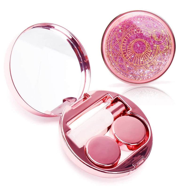 ofone Contact Lens Case Bling Stars Cute Contact Lenses Holder Travel Kit with Remover Tool Tweezers Solution Bottle Mirror Portable Contacts Storage Container for Women Girl Pink