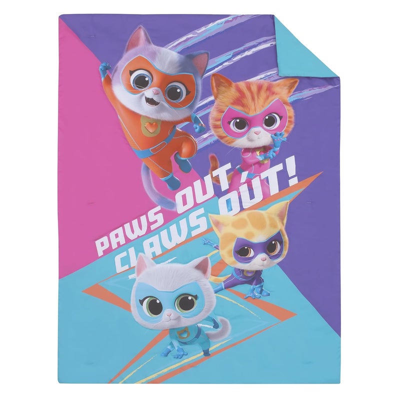 NoJo مجموعة سرير الأطفال من NoJo Disney Junior SuperKitties باللون الأرجواني والوردي والأكوا مع جيني سباركس وبادي وبيستي 4 قطع - لحاف، شريحة سفلى ملائمة، شريحة علوية مسطحة، وغطاء وسادة قابل للعكس - Image 3