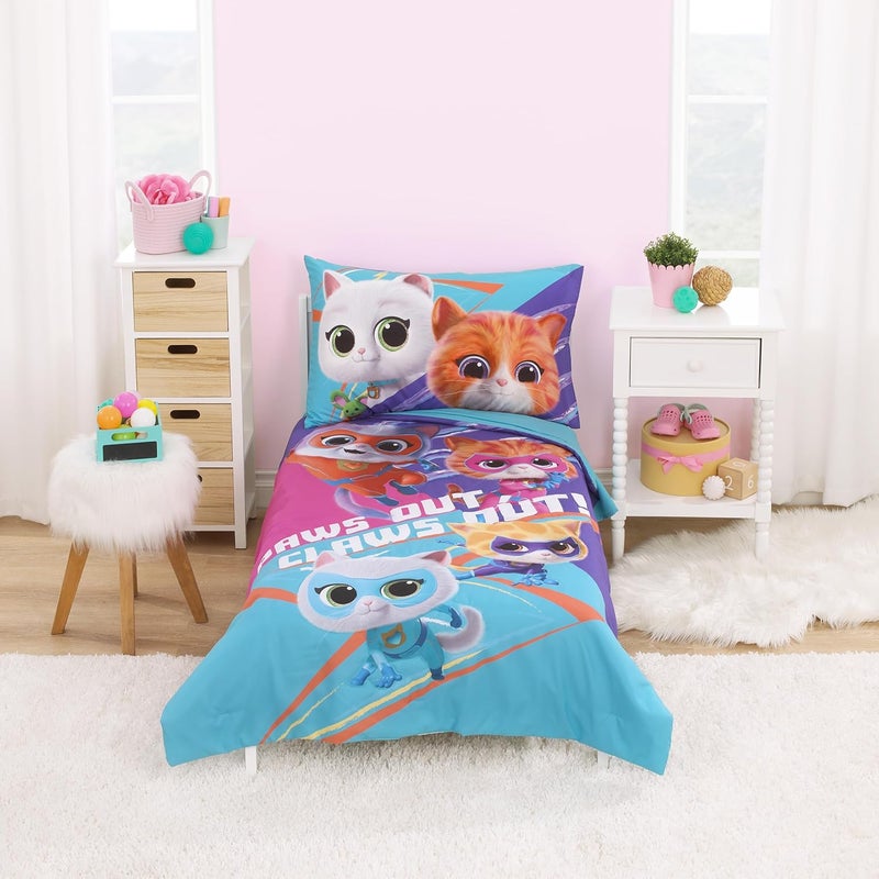 NoJo مجموعة سرير الأطفال من NoJo Disney Junior SuperKitties باللون الأرجواني والوردي والأكوا مع جيني سباركس وبادي وبيستي 4 قطع - لحاف، شريحة سفلى ملائمة، شريحة علوية مسطحة، وغطاء وسادة قابل للعكس - Image 1