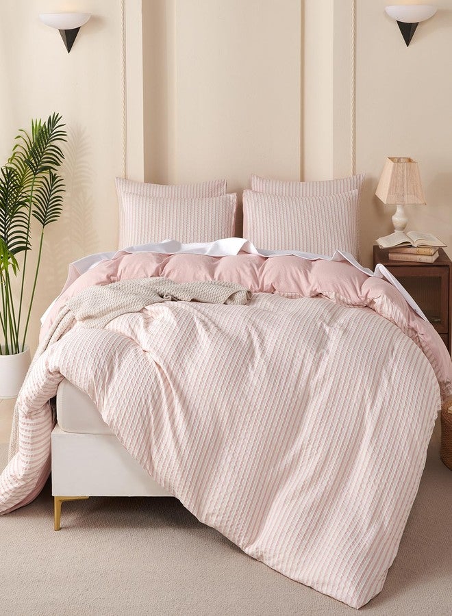 BUPIRD Duvet Cover Set Queen Striped Pink, 100% Washed Microfiber Jacquard 3 Pieces Queen Striped Bedding Sets, with Zipper Closure & Corner Ties, Lightweight Soft Comfort Breathable (No Comforter) - Image 3