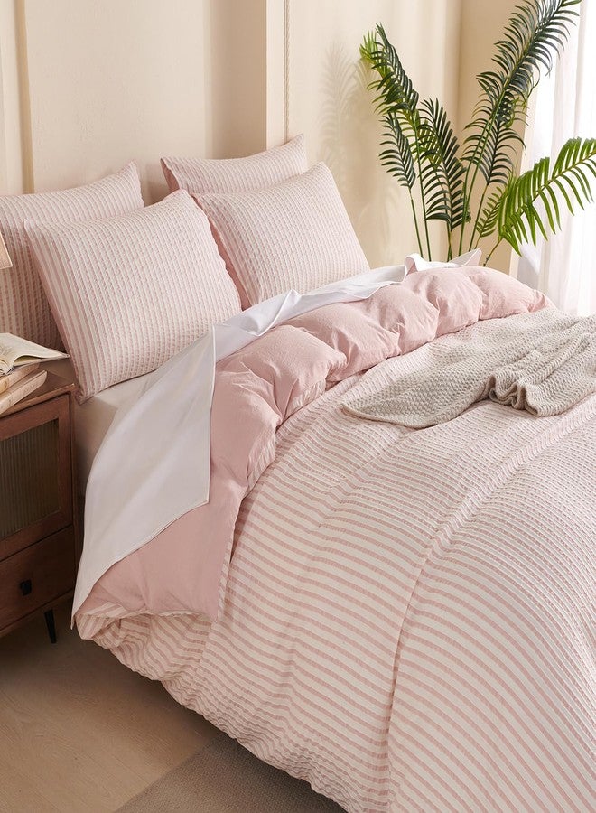 BUPIRD Duvet Cover Set Queen Striped Pink, 100% Washed Microfiber Jacquard 3 Pieces Queen Striped Bedding Sets, with Zipper Closure & Corner Ties, Lightweight Soft Comfort Breathable (No Comforter) - Image 4