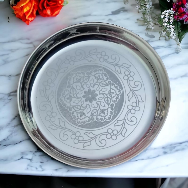 Sigaram German Silver 9 Inch Floral Designed Pooja Plate for Home Pooja Decor K2369 Silver Plated 1 Pieces Silver - Image 1