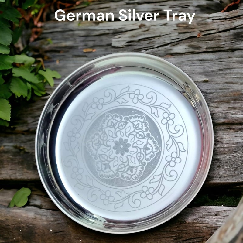 Sigaram German Silver 9 Inch Floral Designed Pooja Plate for Home Pooja Decor K2369 Silver Plated 1 Pieces Silver - Image 3