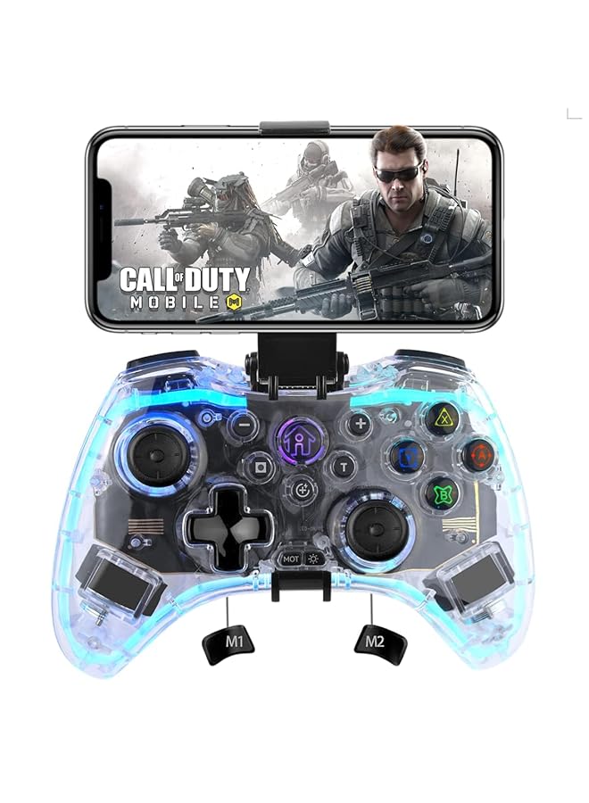 Wireless Gaming Controller For Iphone Ipad Ios Android Tablet Pc N Switch Ps5 Ps4 Ps3 Steam Deck Transparent Bluetooth Gamepad With Rgb Breathing Led Dual Motor