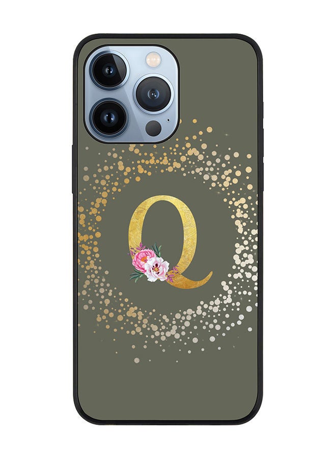 Stylizedd Rugged Black edge case for Apple iPhone 13 Pro Slim fit Soft Case Flexible Rubber Edges TPU Gel Thin Cover - Custom Monogram Initial Letter Floral Pattern Alphabet - Q (Olive Green) - Image 1