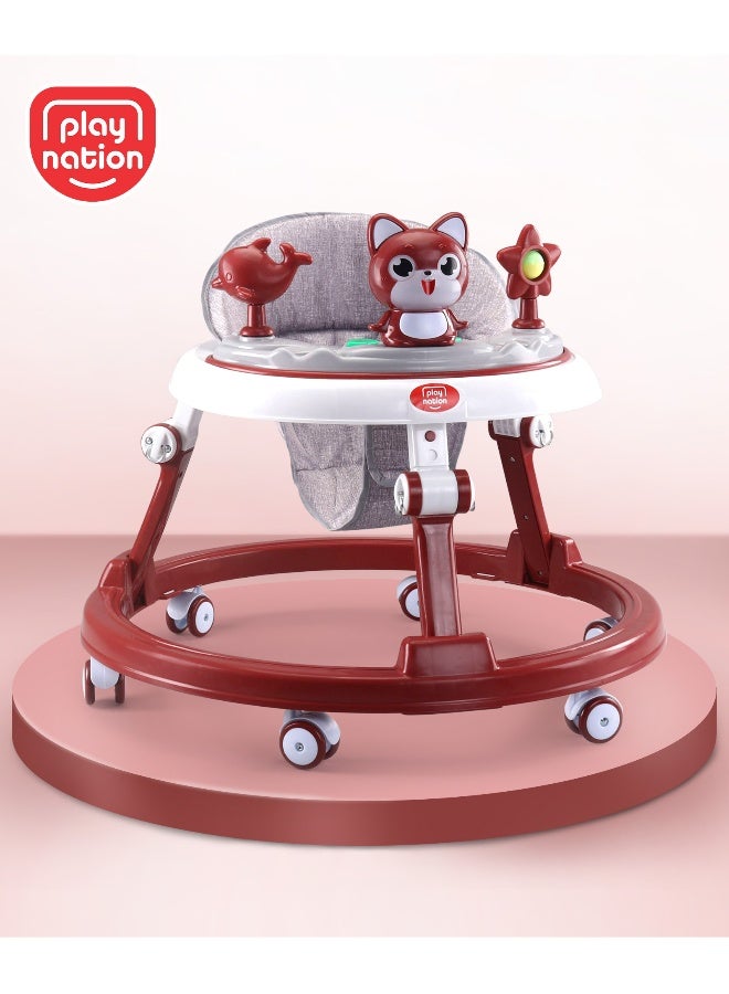 PlayNation Play Nation Multifunctional 360 Baby Walker, Cat Theme, 2 Level Height Adjustment, Musical Play Tray, Feeding Tray, 6 Months+, 205 x 66 x 52cm - Maroon - Image 1