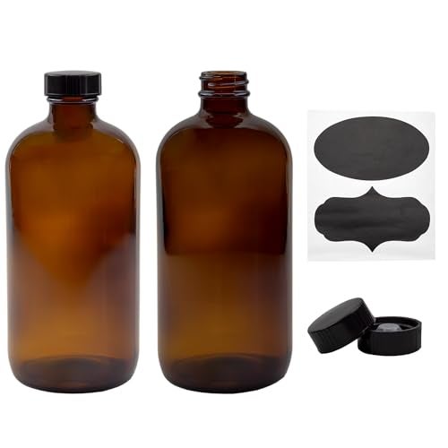 Cornucopia Brands 16oz Amber Glass Bottles with Reusable Chalk Labels and Lids (Pack of 2) Refillable Brown Boston Round Bottles, with Black 28-400 Caps - Image 1