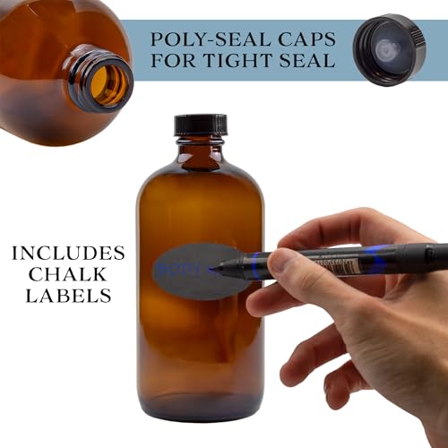 Cornucopia Brands 16oz Amber Glass Bottles with Reusable Chalk Labels and Lids (Pack of 2) Refillable Brown Boston Round Bottles, with Black 28-400 Caps - Image 5