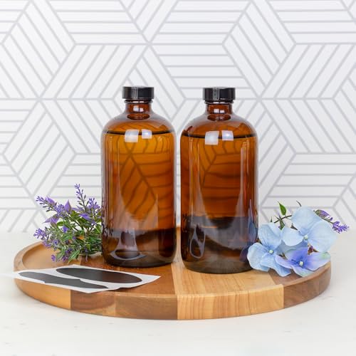 Cornucopia Brands 16oz Amber Glass Bottles with Reusable Chalk Labels and Lids (Pack of 2) Refillable Brown Boston Round Bottles, with Black 28-400 Caps - Image 2