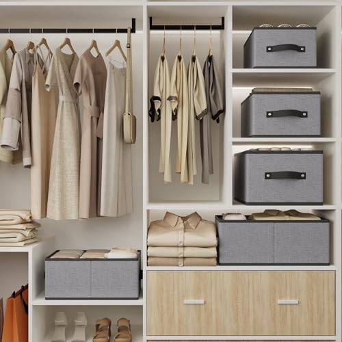 YheenLf Foldable Clothes Boxes, Closet Bin with Handles, Fabric Storage Baskets for Drawers, Bins for Organizing Shelves, 13 × 9.1 × 5.5 inch, 4 Pack, Gray - Image 2