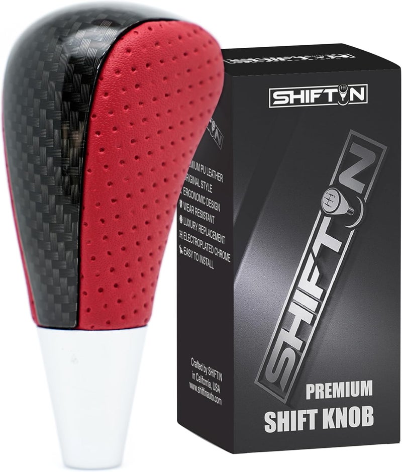 SHIFTIN Leather Wood Gear Shift Knob for Toyota Avalon Yaris 4Runner Land Cruiser Sienna Camry Solara Tacoma and Lexus ES300 ES330 GS300 GS400 GS430 SC300 SC400 (Red Leather/Carbon Fiber Pattern) - Image 1