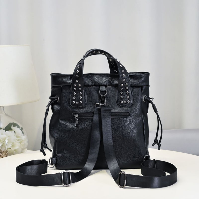 Women's Studded PU Leather Tote Handbag with Double Straps - Image 4