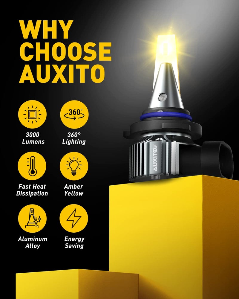 AUXITO مصابيح ضباب LED AUXITO 9006 HB4، 3000K أصفر كهرماني، 6000 لومن سطوع عالي، 30 واط توصيل وتشغيل، اختراق فائق مع 12 شريحة CSP، مقاومة للماء، بديل لمصابيح DRL للسيارات، عبوة من 2 - Image 2