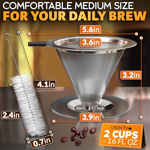 KETAR Pour Over Coffee Dripper - 3.18x4.48" Stainless Steel Pour Over Coffee Maker with Large Plastic Handle, Wide Secure Base and a Brush for Cleaning - Ensures Well-Balanced and Reach Tea Infuser - Image 3