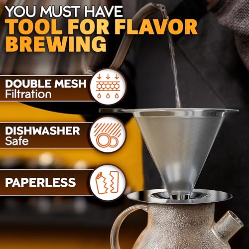 KETAR Pour Over Coffee Dripper - 3.18x4.48" Stainless Steel Pour Over Coffee Maker with Large Plastic Handle, Wide Secure Base and a Brush for Cleaning - Ensures Well-Balanced and Reach Tea Infuser - Image 4