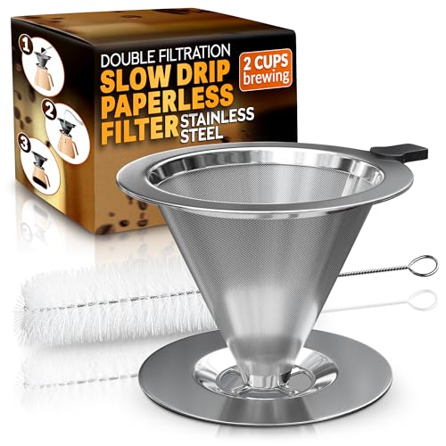 KETAR Pour Over Coffee Dripper - 3.18x4.48" Stainless Steel Pour Over Coffee Maker with Large Plastic Handle, Wide Secure Base and a Brush for Cleaning - Ensures Well-Balanced and Reach Tea Infuser - Image 1