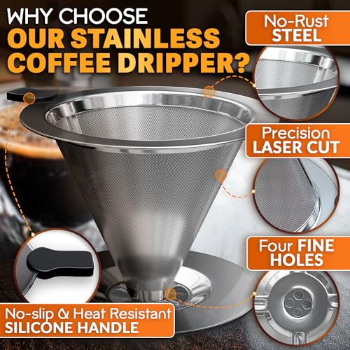 KETAR Pour Over Coffee Dripper - 3.18x4.48" Stainless Steel Pour Over Coffee Maker with Large Plastic Handle, Wide Secure Base and a Brush for Cleaning - Ensures Well-Balanced and Reach Tea Infuser - Image 5