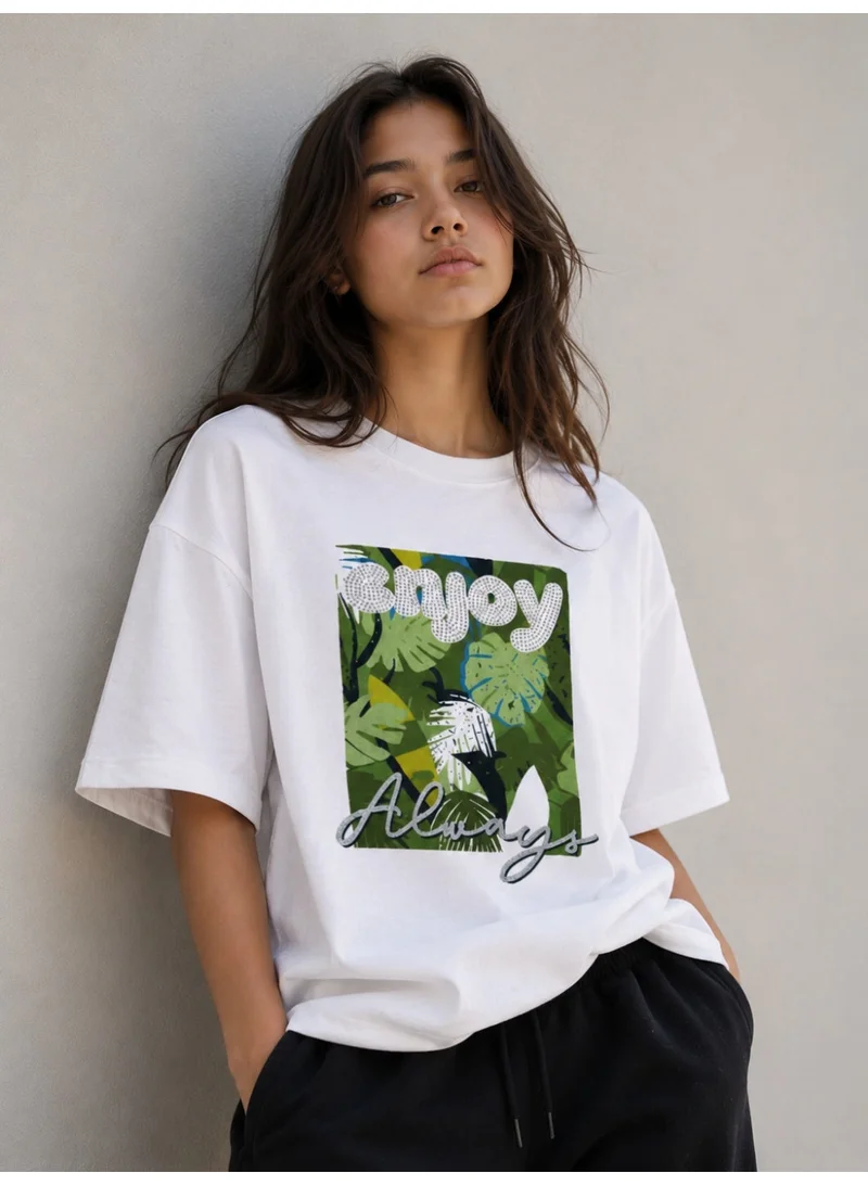 فكتور اند جين Girls’ Oversized  “Enjoy Always” Tropical Graphic T-Shirt – Rhinestone Detail Tee