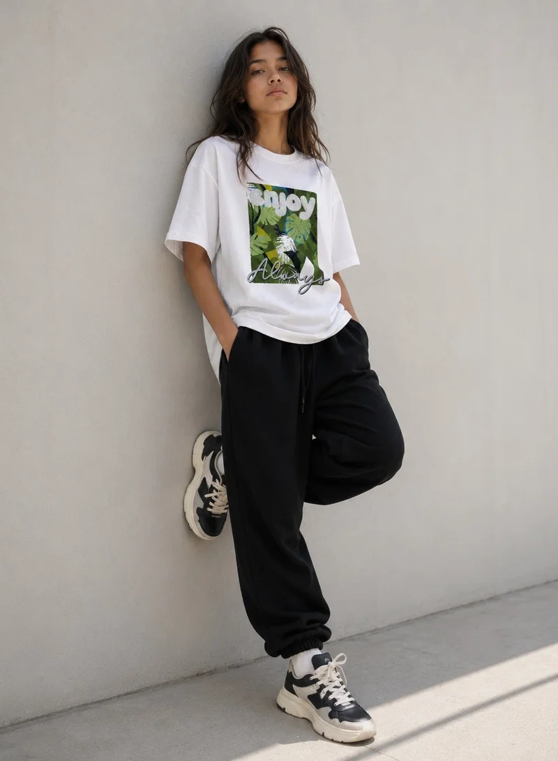 فكتور اند جين Girls’ Oversized  “Enjoy Always” Tropical Graphic T-Shirt – Rhinestone Detail Tee